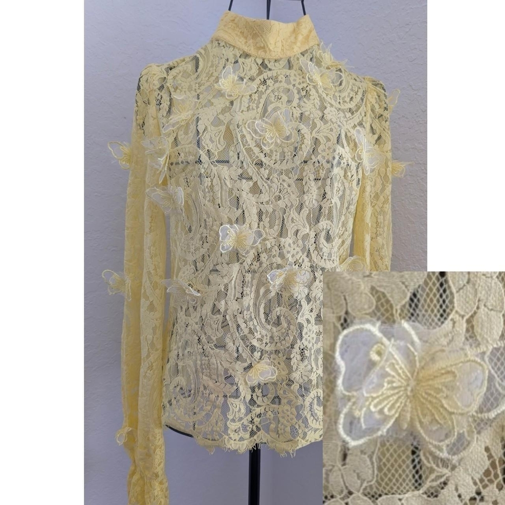 Delicate Yellow Lace Butterfly Long-Sleeve Top